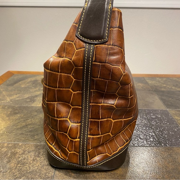 DOONEY & BOURKE Croc Embossed Brown Leather Logo Lock Hobo Shoulder Bag - Picture 6 of 15